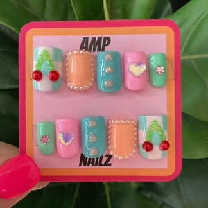 Hand painted colorful pastel embellished press on nails, y2k spring nails, easter nails, pink nails, teal nails, cherry nails, pearl nails