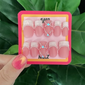 Hand painted pink sweater heart french tip press on nails,pink nails, sweater nails,white and pink nails, valentines day nails, jewel nails