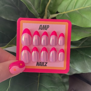 Hand painted neon pink french tip press on nails,french tip,gel nails, press ons,colorful nails, summer nails,neon pink,custom