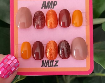 Hand painted orange and brown fall press on nails, press on nails,gel nails, press on nails, brown fall press on nails,autumn nails