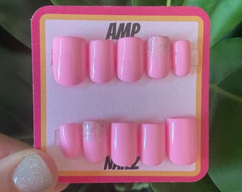Hand painted  baby pink glitter press on nails,pink nails, solid nails,glitter gel nails,summer nails,glue on nails,stick on nails