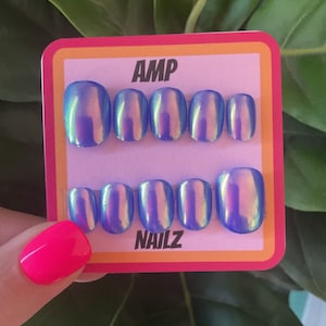 Hand painted blue chrome metallic press on nails,press on nails,chrome, nails,shiny nails,press ons