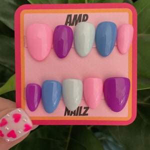 Hand painted colorful  pink and blue pastel press on nails, gel nails,purple nails, spring nails,solid nails, pink and purple nails,easter