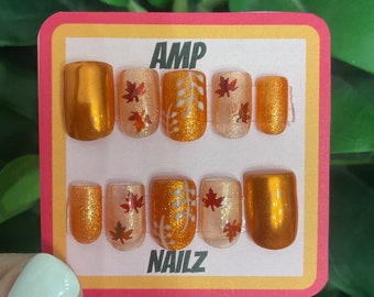 Hand painted fall press on nails, burnt orange press on nail, leaf nails, fall,stick on nails,autumn false nails,fall leaf nails