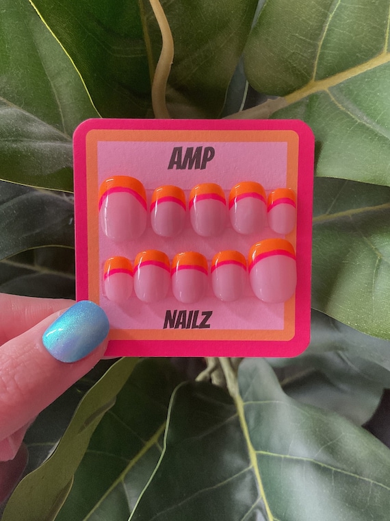 Hand painted neon pink and orange french tip press on Nails, pink nails, orange nails,summer,y2k  press on nails,apring nails,
