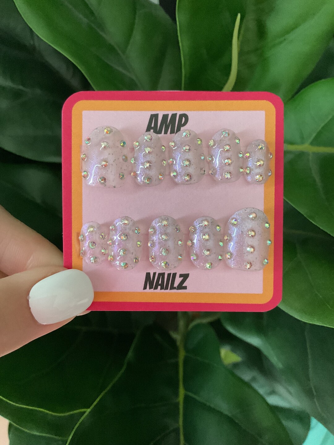 Hand Painted Clear Irridescent Rhinestone Press on Nails,rhinestone ...