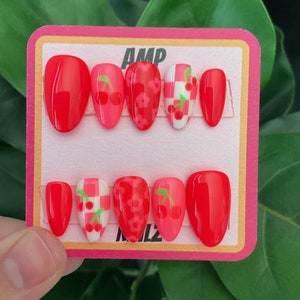 Hand painted pink and red checkered mismatched press on nails,checkered nails,y2k nails,red and pink, cherry nails