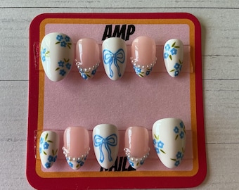 Hand painted blue floral French tip press on nails, Pearl nails,embellished nails, flower nails, blue nails,blue nails, coquette nails