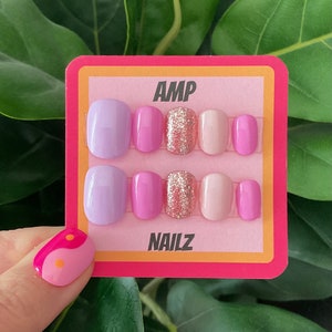 Hand painted colorful glitter pink pastel press on nails, gel nails,purple nails, glitter, spring nails,solid nails, pink and purple nails,