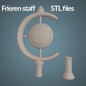 Puede incluir: Dos archivos STL impresos en 3D para un bastón con una luna creciente y un disco redondo, y una pieza cilíndrica separada.