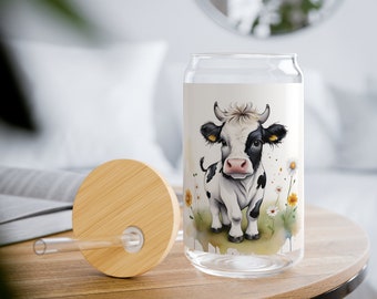 Cow and Flowers Glass Tumbler - 16oz Sipper Cup with Bamboo Lid and Straw
