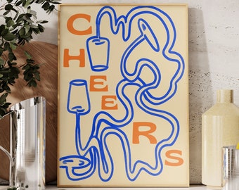 Retro Wine Cheers Print, Alcohol Prints, Bar Cart Art, Bar Printable Art, Cocktail Wall Art, Kitchen Wall Decor, Martini Print, Vintage