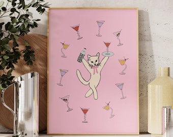 Retro Cat Martini Print, Alcohol Prints, Bar Cart Art, Pink Printable Art, Cocktail Wall Art, Kitchen Wall Decor, Martini Print, Coquette