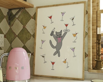 Retro Cat Martini Print, Alcohol Prints, Bar Cart Art, Bar Printable Art, Cocktail Wall Art, Kitchen Wall Decor, Martini Print, Vintage