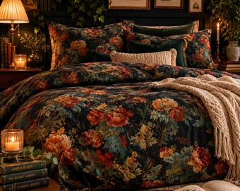 Juego de edredón con estampado floral oscuro, ropa de cama botánica estilo William Morris, decoración rústica y sofisticada.
