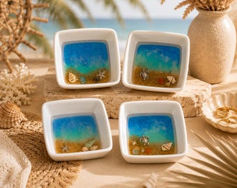Handmade Resin Ocean Jewelry Dish | Coastal Trinket Tray with Seashells, Sand (3.5" Square)