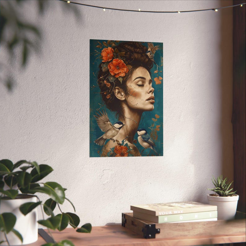 Boho Chic Woman Portrait Poster Vintage Floral Art Print Ethereal ...