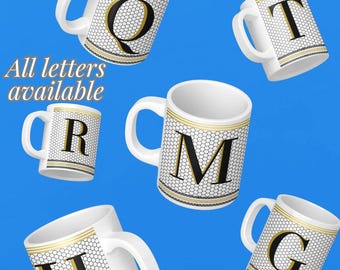 Initial Honeycomb Coffee Cup – Monogram Ceramic Bistro Style Mug – Handcrafted Design Gift for her