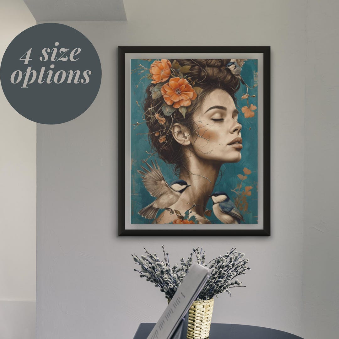 Boho Chic Woman Portrait Poster Vintage Floral Art Print Ethereal ...