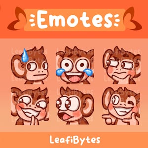 May include: Six cartoon monkey emotes with different expressions. The emotes are brown with pink cheeks and have large eyes. The text "Emotes" is at the top of the image and the text "LeafiBytes" is at the bottom.