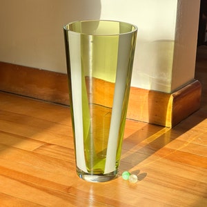 MCM Green Vase with White Stripes Handblown Glass