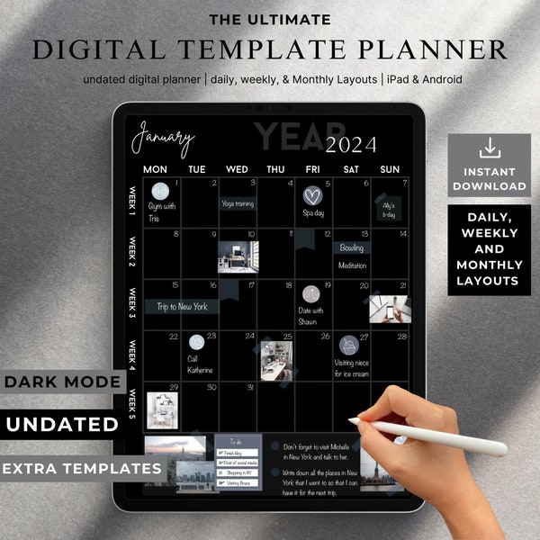 Dark digital planner template goodnotes daily schedule planner weekly spreadsheet calendar undated goodnotes monthly dark mode planner