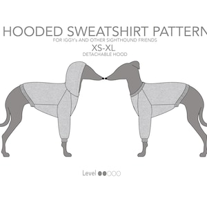 Puede incluir: Una ilustración digital de dos galgos vistiendo sudaderas con capucha grises con capuchas desmontables. El texto "HOODED SWEATSHIRT PATTERN" está en la parte superior de la imagen. El texto "FOR IGGY'S AND OTHER SIGHTHOUND FRIENDS" está debajo de la primera línea de texto. El texto "XS-XL" está debajo de la segunda línea de texto. El texto "DETACHABLE HOOD" está debajo de la tercera línea de texto. El texto "Level ●●○○○" está en la parte inferior de la imagen. El texto "PawerPrint" está en la esquina inferior derecha de la imagen.