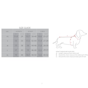 May include: Size guide for dog clothing with measurements in inches for back length, chest, and neck. The chart shows sizes XS, S, M, L, and XL. A line drawing of a dachshund shows how to measure a dog for clothing.