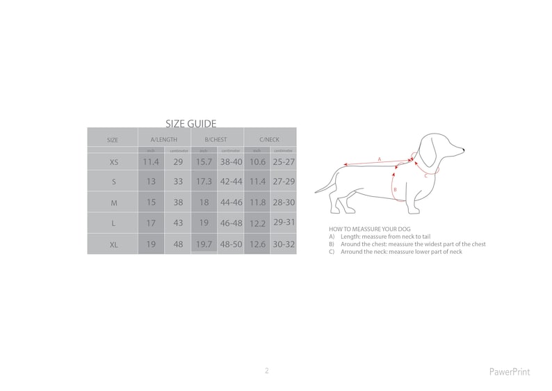 May include: Size guide for dog clothing with measurements in inches for back length, chest, and neck. The chart shows sizes XS, S, M, L, and XL. A line drawing of a dachshund shows how to measure a dog for clothing.