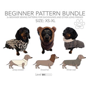 Peut inclure: Un ensemble de patrons pour débutants pour teckels et autres amis longs, taille XS-XL. Comprend trois patrons de couture : un pull en jersey, un snood et un manteau d'hiver. L'image montre trois teckels portant ces articles avec des illustrations correspondantes.