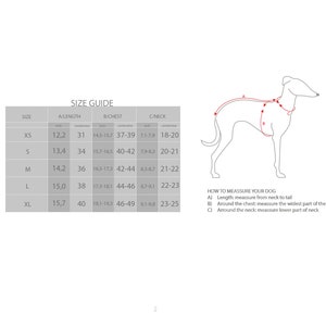 K&ouml;nnte beinhalten: Gr&ouml;&szlig;entabelle f&uuml;r Hundegeschirre mit Ma&szlig;en in Zoll f&uuml;r L&auml;nge, Brustumfang und Halsumfang. Die Tabelle umfasst die Gr&ouml;&szlig;en XS, S, M, L und XL. Ein Diagramm zeigt, wie man einen Hund f&uuml;r ein Geschirr misst.