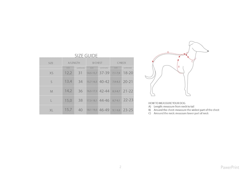 K&ouml;nnte beinhalten: Gr&ouml;&szlig;entabelle f&uuml;r Hundegeschirre mit Ma&szlig;en in Zoll f&uuml;r L&auml;nge, Brustumfang und Halsumfang. Die Tabelle umfasst die Gr&ouml;&szlig;en XS, S, M, L und XL. Ein Diagramm zeigt, wie man einen Hund f&uuml;r ein Geschirr misst.