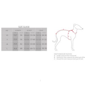 Peut inclure: Guide des tailles pour harnais de chien avec des mesures en pouces pour la longueur du dos, la poitrine et le cou. Le tableau montre les tailles XS, S, M et L. Un dessin au trait d'un chien indique o&ugrave; mesurer pour chaque taille.