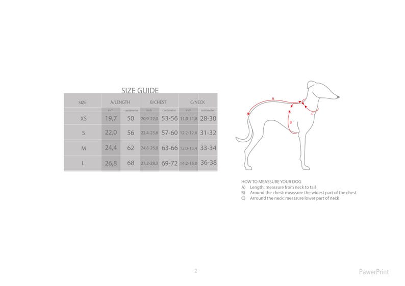 Peut inclure: Guide des tailles pour harnais de chien avec des mesures en pouces pour la longueur du dos, la poitrine et le cou. Le tableau montre les tailles XS, S, M et L. Un dessin au trait d'un chien indique o&ugrave; mesurer pour chaque taille.