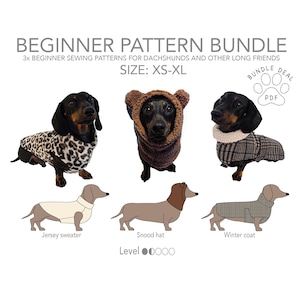 Puede incluir: Paquete de patrones para principiantes para perros salchicha y otros amigos largos, talla XS-XL. Incluye tres patrones de costura: un suéter con estampado de leopardo, un gorro tipo snood con orejas de oso y un abrigo de invierno a cuadros.