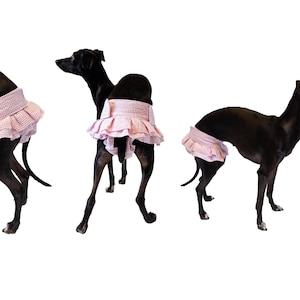 Puede incluir: Tres perros negros con pañales para perros con estampado de cuadros rosas y blancos y bordes con volantes. Los perros están sobre un fondo blanco. Los pañales parecen estar hechos de tela ligera.