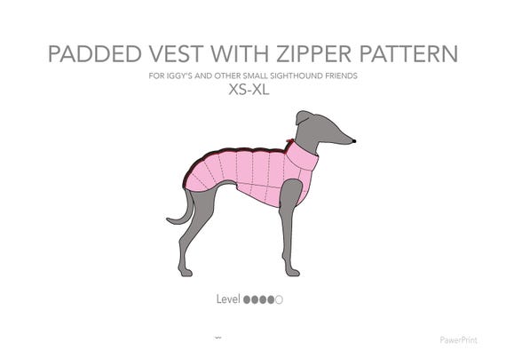 Padded winter vest.  Pattern pdf for Italian greyhound / IGGY. Zipper at back.