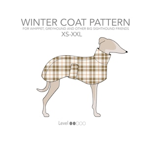 Winter coat PDF sewing pattern for Whippet, Greyhound, Saluki, and other big sighthounds. Dog winter jacket. Instant printable download.