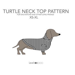 May include: Illustration of a dachshund wearing a black and white striped turtle neck top. The image includes the text "TURTLE NECK TOP PATTERN" and "FOR DACHSHUND AND OTHER LONG FRIENDS XS-XL".