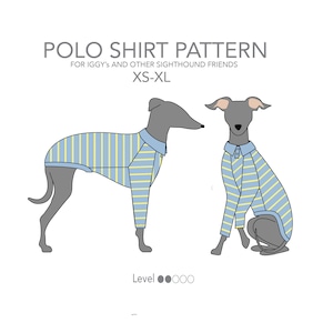 May include: A sewing pattern for a striped polo shirt for dogs. The pattern is for sighthounds and includes instructions for sizes XS to XL. The pattern is illustrated with two greyhounds wearing the shirt.