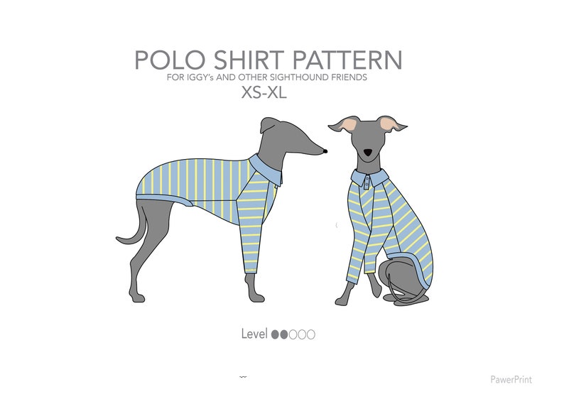 Może przedstawiać: Wykr&oacute;j na koszulkę polo dla psa z napisem POLO SHIRT PATTERN FOR IGGY'S AND OTHER SIGHTHOUND FRIENDS XS-XL. Ilustracja przedstawia dwa szare charty ubrane w koszulkę w jasnoniebieskie i ż&oacute;łte pionowe paski.