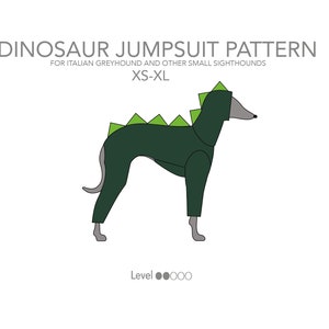 Könnte beinhalten: Ein grünes Dinosaurier-Jumpsuit-Nähmuster für kleine Windhunde, wie z. B. Italienische Windhunde. Das Muster beinhaltet eine Kapuze und einen Schwanz. Das Muster ist mit "XS-XL" und "Level ●●○○○" gekennzeichnet.