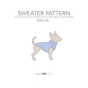 Può includere: Un modello di maglione azzurro chiaro per cani di piccola taglia, inclusi chihuahua e cuccioli. L'immagine mostra un disegno a tratto di un cane che indossa il maglione. Il testo sull'immagine recita "SWEATER PATTERN" e "XXS-XL".