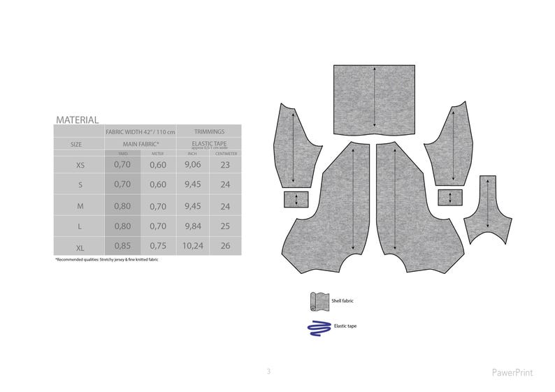May include: A sewing pattern for a garment with a table showing fabric width, main fabric, and elastic tape measurements for different sizes. The pattern includes pieces for the front, back, and sleeves of the garment.