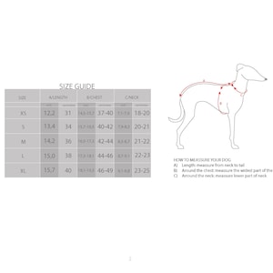 May include: A size guide for dog apparel, featuring measurements in centimeters and inches. The guide includes length, chest, and neck measurements for various sizes, from XS to XL. A diagram illustrates how to measure a dog.