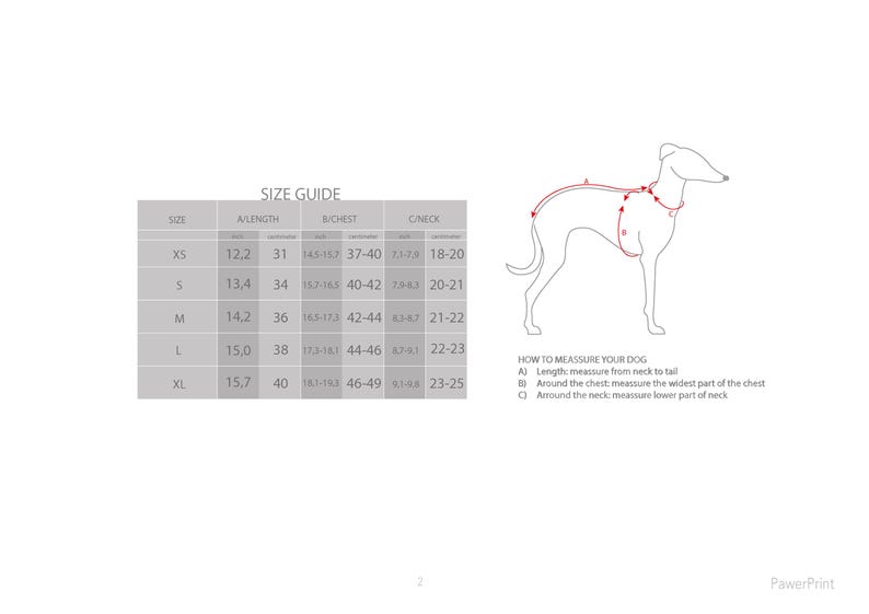 May include: A size guide for dog apparel, featuring measurements in centimeters and inches. The guide includes length, chest, and neck measurements for various sizes, from XS to XL. A diagram illustrates how to measure a dog.