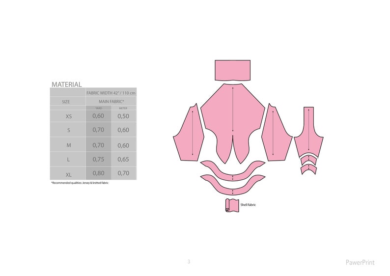 K&ouml;nnte beinhalten: Ein Schnittmuster f&uuml;r ein rosa Oberteil mit einer Stoffbreite von 42 Zoll oder 110 Zentimetern. Das Schnittmuster enth&auml;lt Ma&szlig;e f&uuml;r die Gr&ouml;&szlig;en XS, S, M, L und XL. Das Schnittmuster enth&auml;lt eine Tabelle mit den Stoffbedarfsangaben f&uuml;r jede Gr&ouml;&szlig;e.