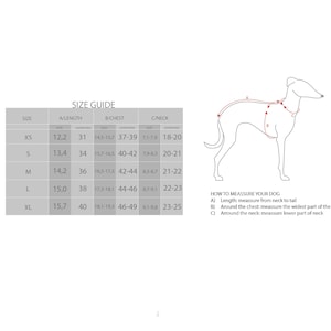 May include: Size guide chart for dog harnesses with measurements in inches for length, chest, and neck. The chart includes sizes XS, S, M, L, and XL. A line drawing of a dog shows where to measure for each size.