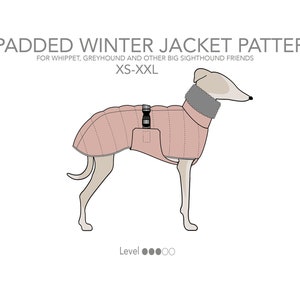 Padded winter jacket. Pdf sewing pattern for Whippet, Greyhound and other big sighthounds.