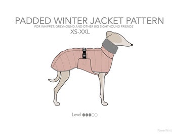 Padded winter jacket. Pdf sewing pattern for Whippet, Greyhound and other big sighthounds.